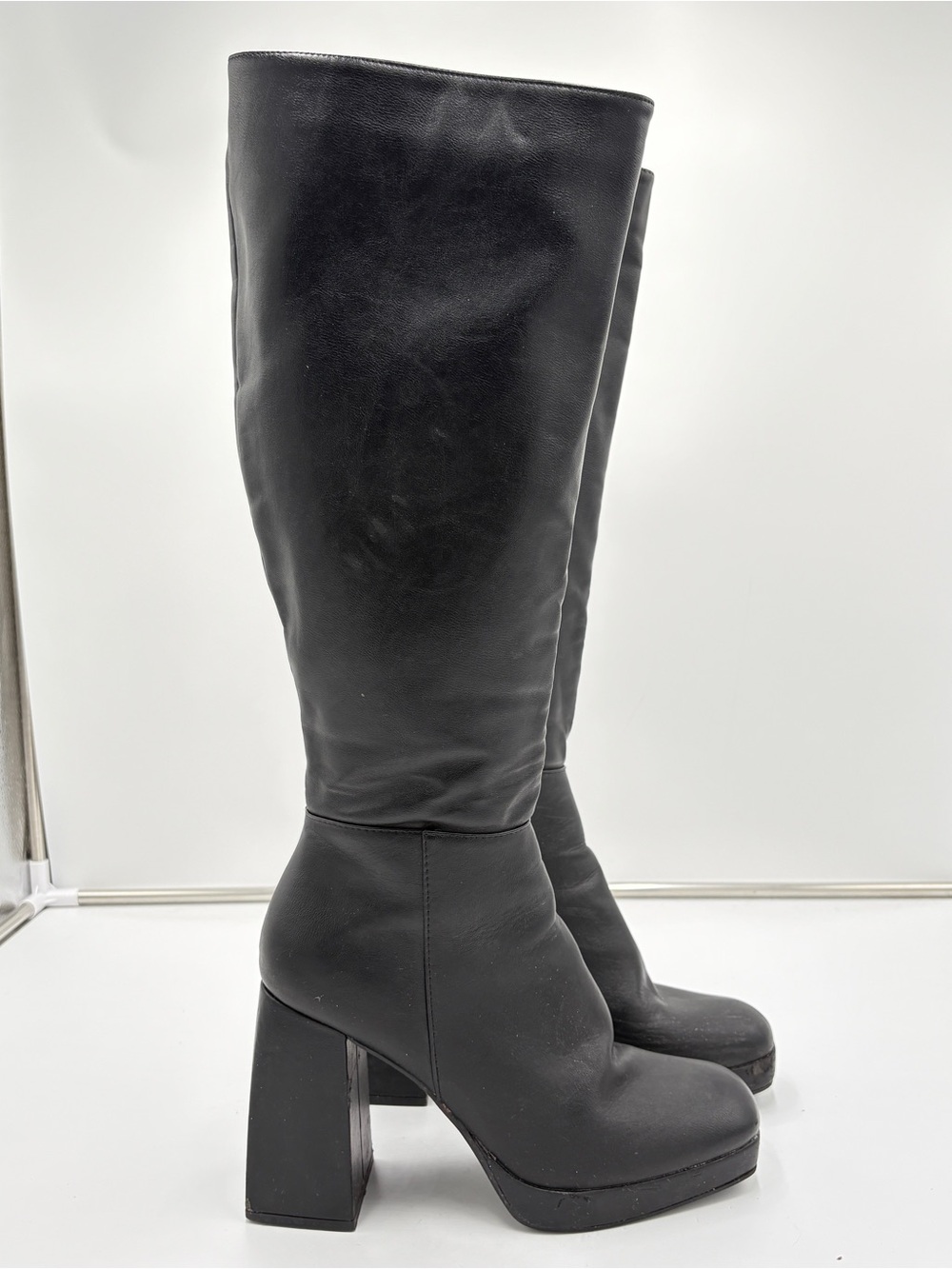 Rouge Chunky Platform Tall Knee High Black Faux Leather Block Heel Boots Size 10